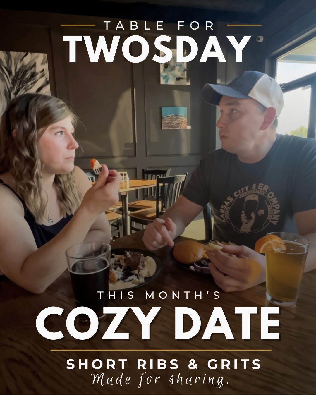 Table for Twosday poster: a couple sharing dinner and drinks at The Fermentary, with the words This month's cozy date, short ribs & grits, made for sharing.