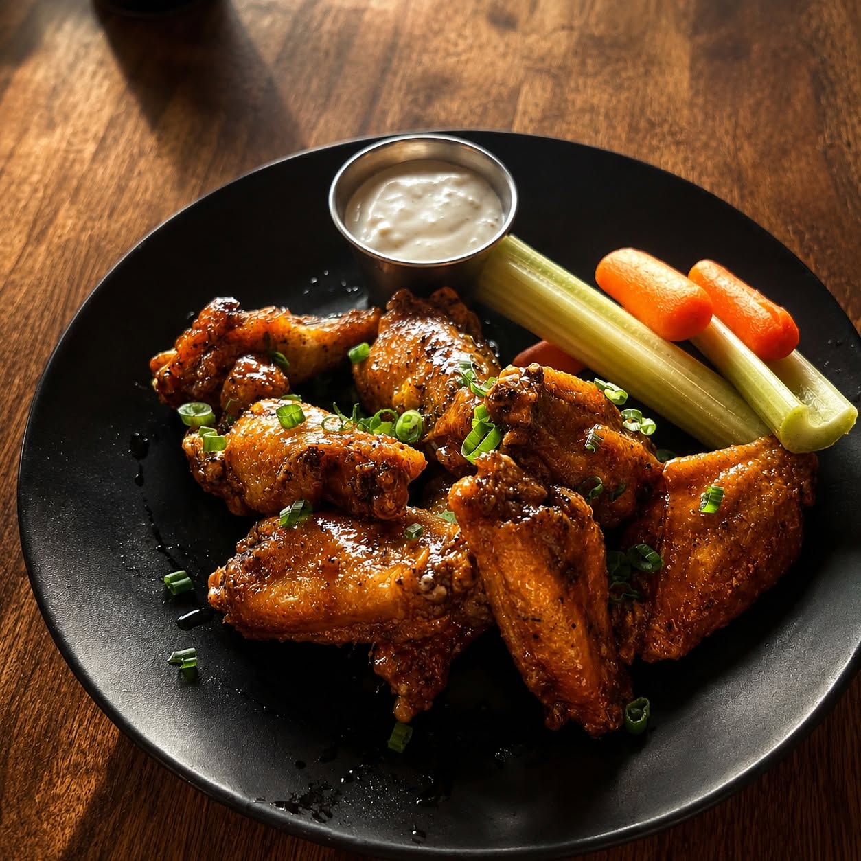 Glazed house wings with ranch, celery and carrots.