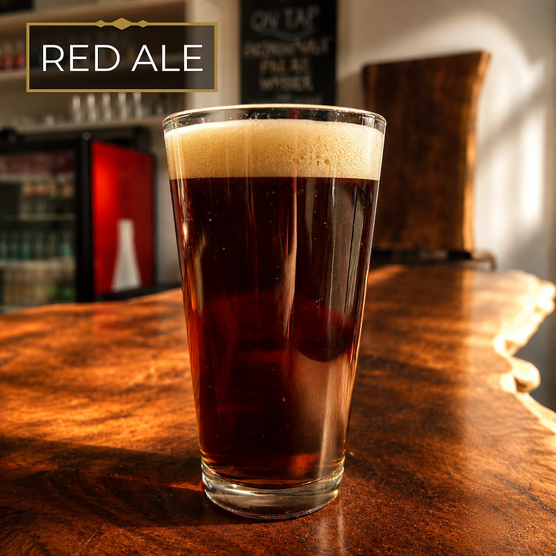 A pint of Red Ale on the bar.